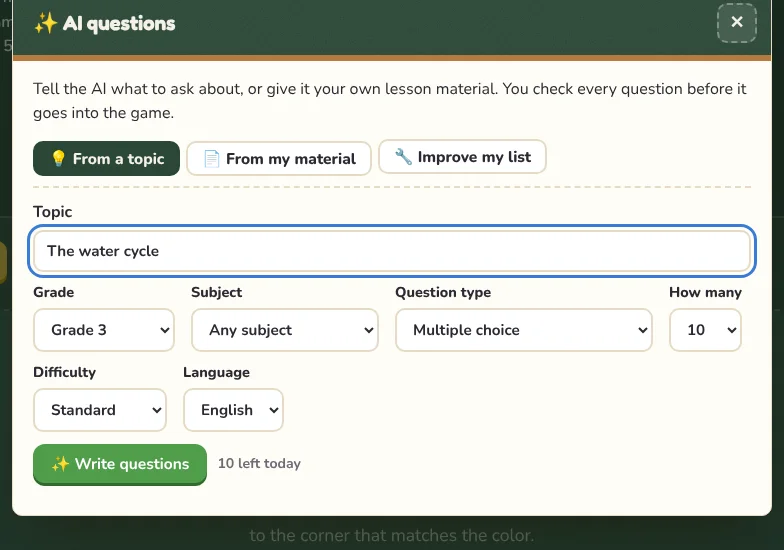 The AI questions window with the topic, grade, type and number of questions.
