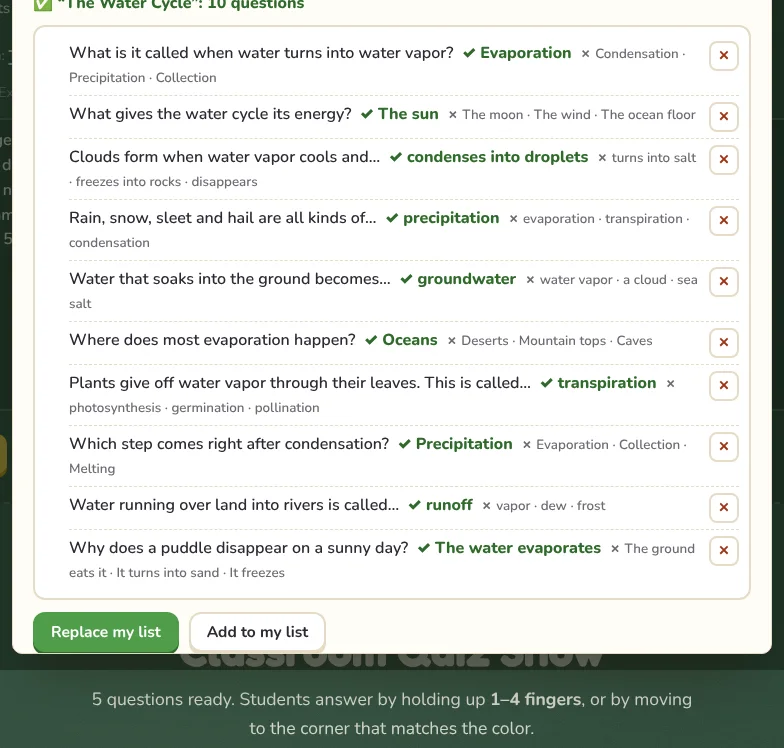 AI questions ready to check, each with a button to remove it.