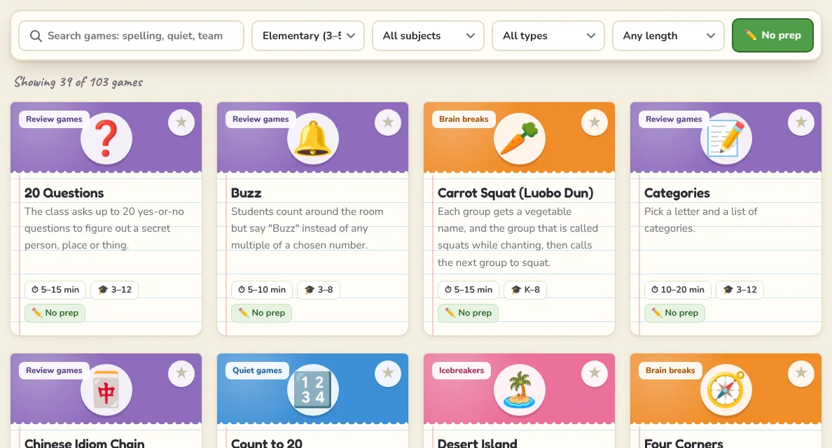Filter the game library by grade, subject, type and time.