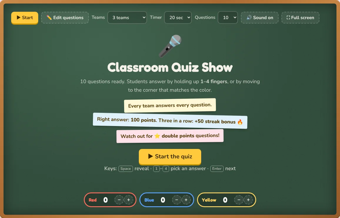 An online game ready to play on the board, with teams, timer and full screen at the top.