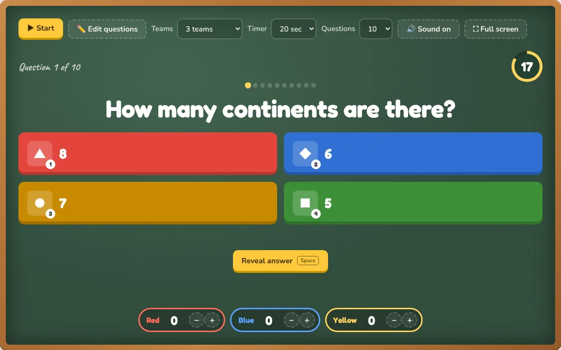 Quiz Show in the middle of a question: colored answers, countdown and team scores.