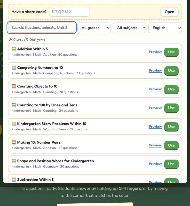 The question library inside a game, filtered to sets that fit it.