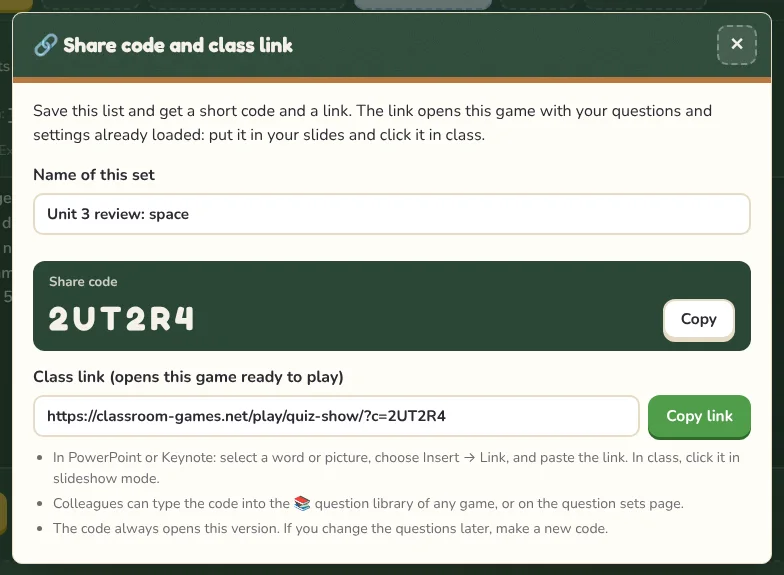 A share code and class link, ready to copy into your slides.