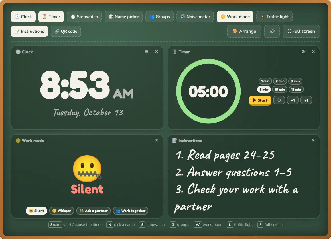The classroom screen with a clock, timer, name picker and noise meter on one board.