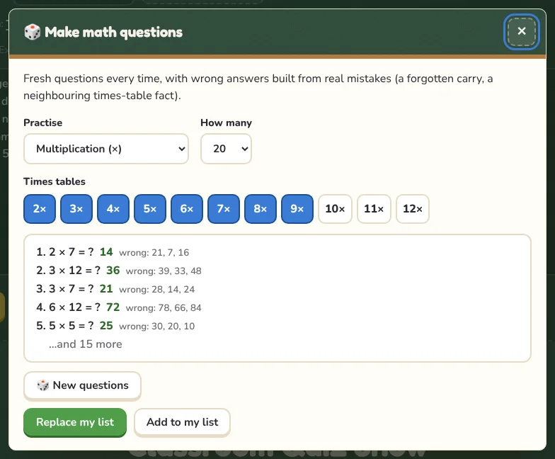 The math question maker with times tables chosen.
