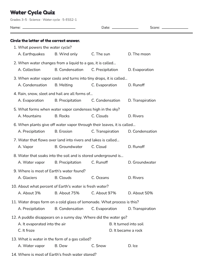 A printed worksheet with name, date and score lines. The answer key prints on its own page.