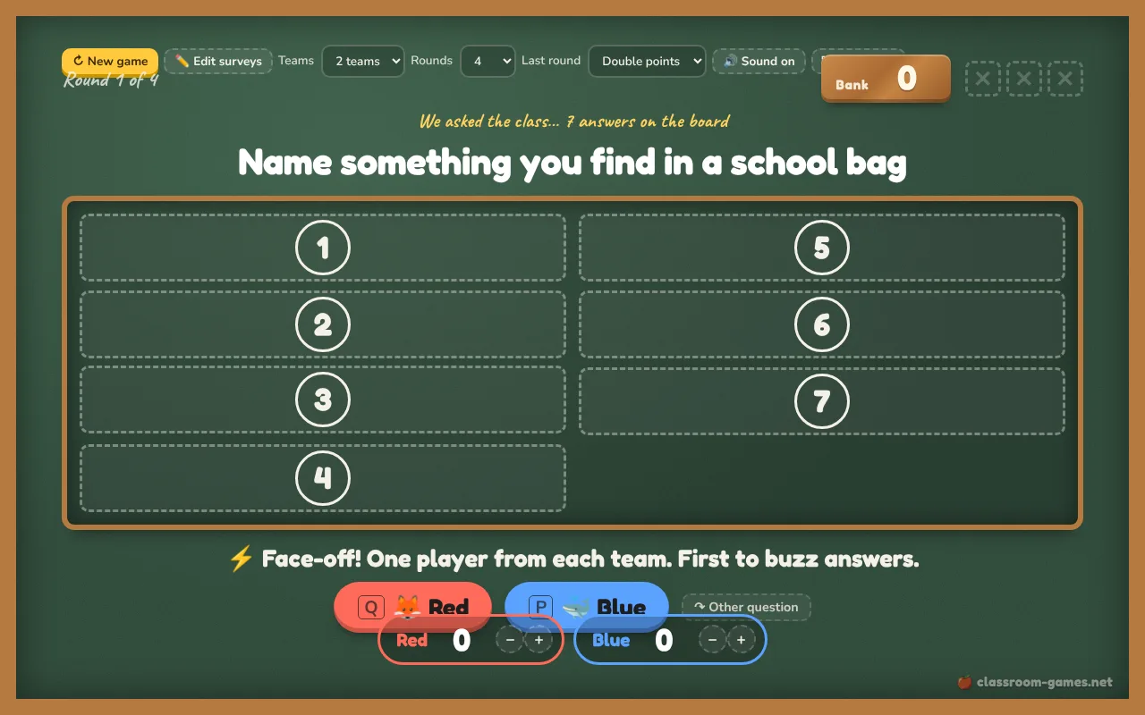 Survey Says in action on a classroom board: Guess the top survey answers. Face-off, three strikes, steal the bank.