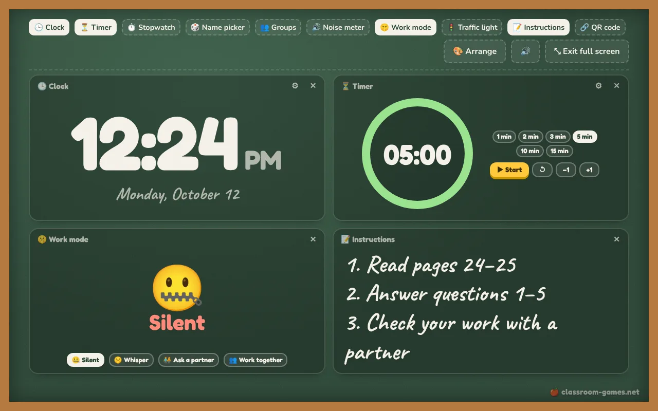 Classroom Screen in action on a classroom board: Clock, timer, names, noise meter and more on one board.