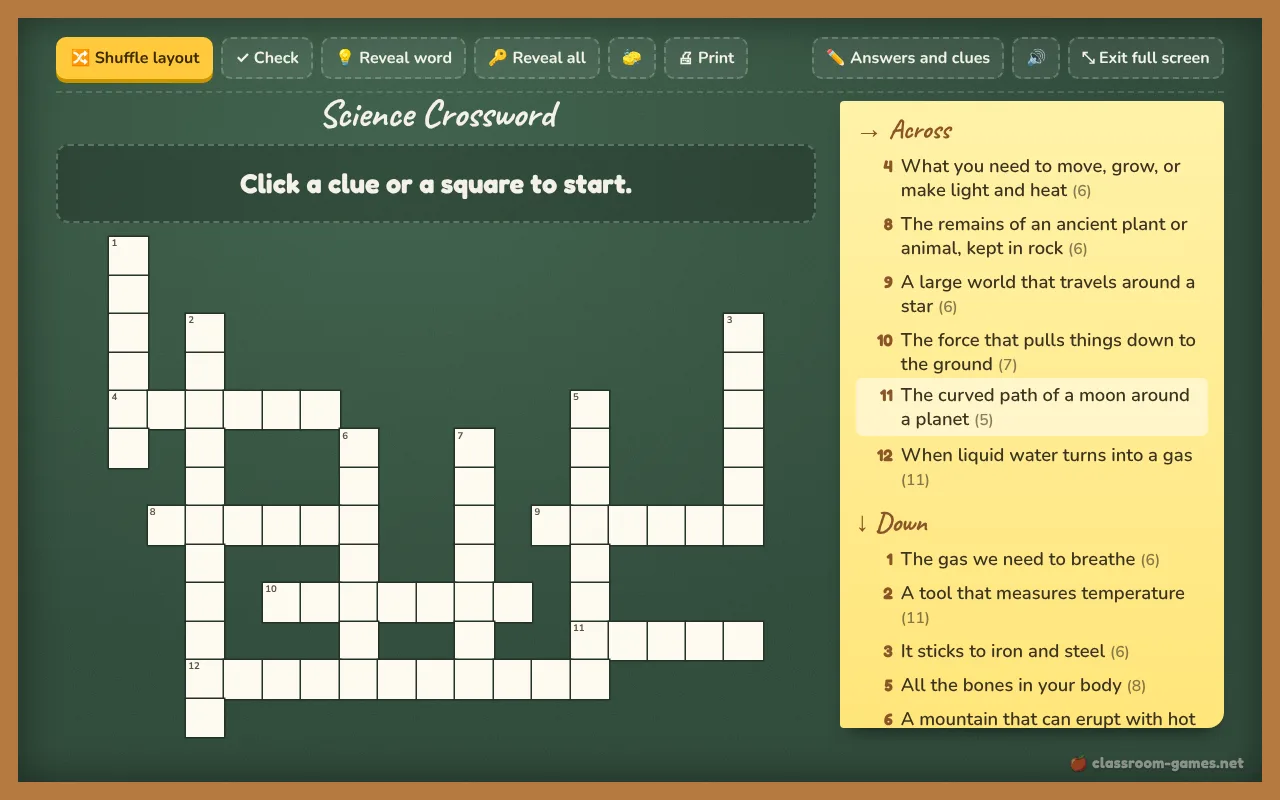 Crossword Maker in action on a classroom board: Turn words and clues into a crossword: solve on the board or print.